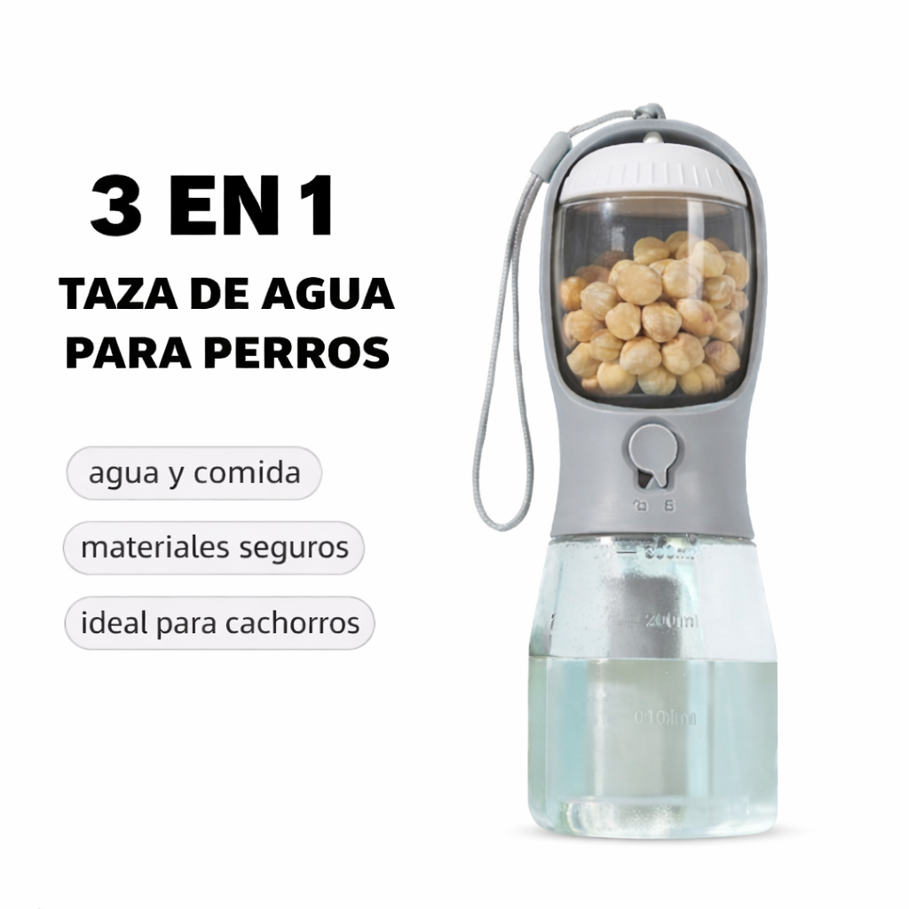Botella portátil 3 en 1 para perros de 300ml. Para cachorros o perros pequeños.