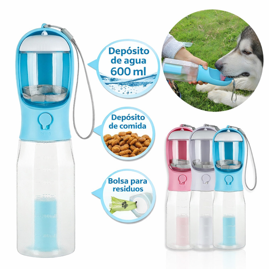 Botella de Agua Portátil 3 en 1 para Perros 600 ml